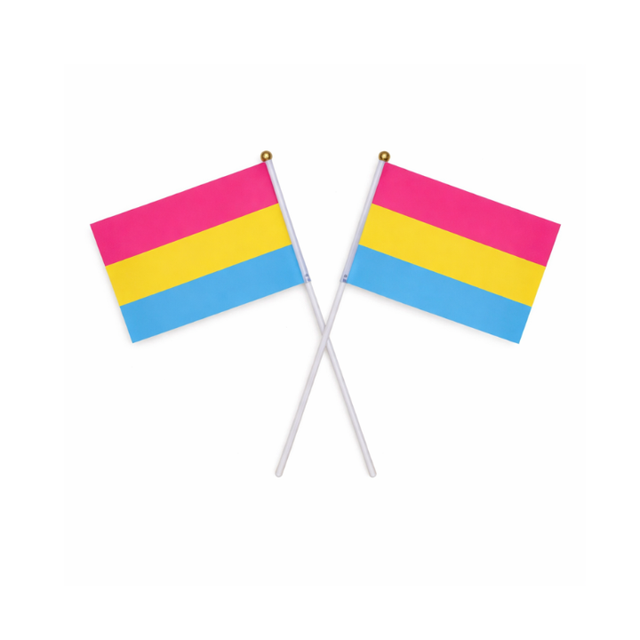 Zwei pansexuelle Pride Handflaggen mit pinken, gelben und blauen Streifen, gekreuzt dargestellt