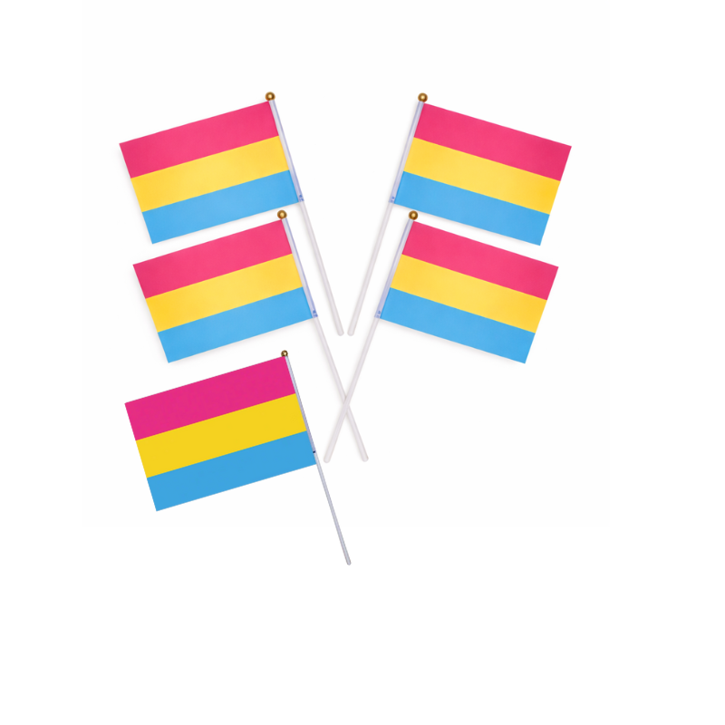 Fünf pansexuelle Pride Handflaggen mit pinken, gelben und blauen Streifen, als Set angeordnet