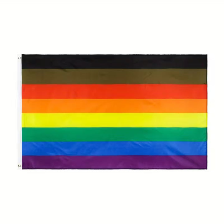 Philadelphia Pride Flagge aus Polyester mit schwarzen, braunen und Regenbogenstreifen im Format 90 × 150 cm – LGBTQIA+ Fahne für Pride, CSD und Dekoration.