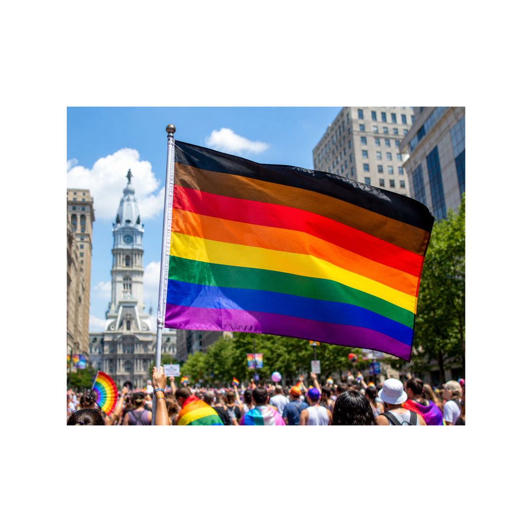 Philadelphia Pride Flagge mit schwarzen, braunen und Regenbogenstreifen weht während einer Pride-Parade vor einer feiernden Menschenmenge – Symbol für Vielfalt, Inklusion und die LGBTQIA+-Community.