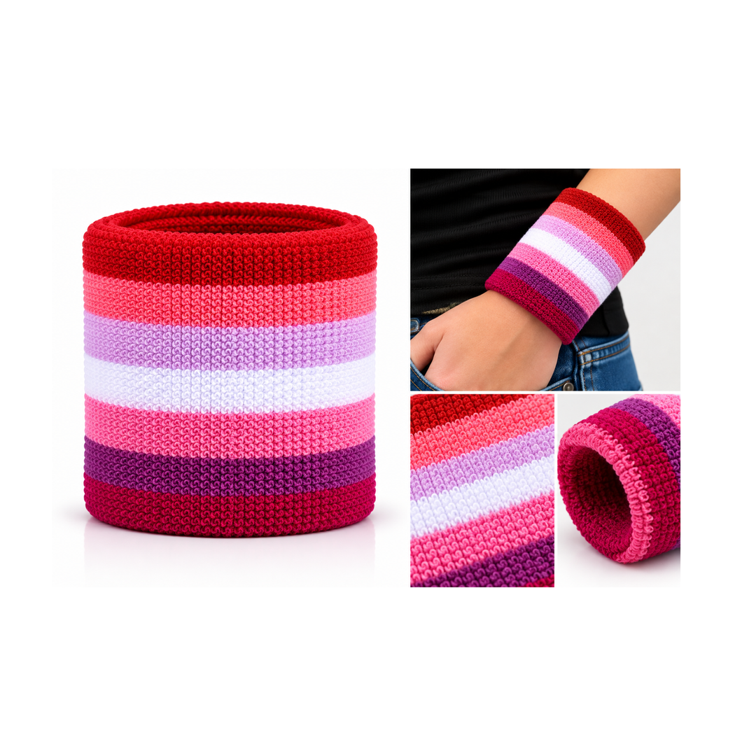 Pink Lesbian Pride Frottee-Schweissband mit Produktansicht, Tragebeispiel und Nahaufnahme der sieben farbigen Streifen