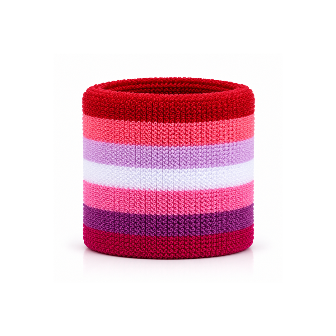 Pink Lesbian Pride Schweissband aus Frottee mit sieben Streifen in Rot, Rosa, Violett und Weiss auf weissem Hintergrund