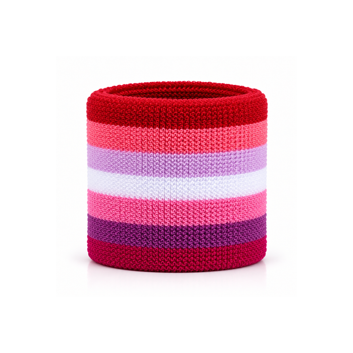 Pink Lesbian Pride Schweissband aus Frottee mit sieben Streifen in Rot, Rosa, Violett und Weiss auf weissem Hintergrund