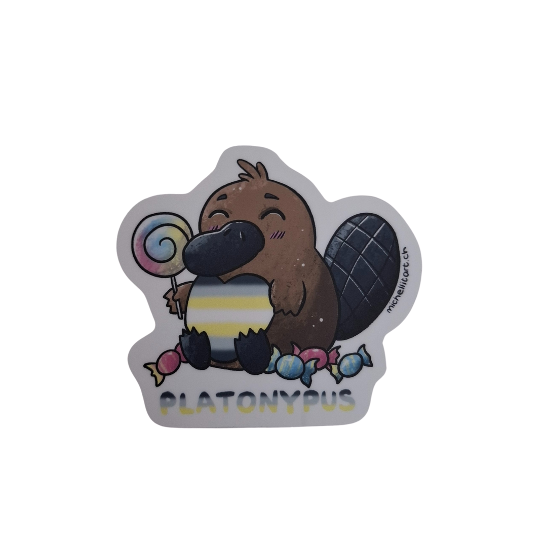 Kawaii-Schnabeltier-Sticker Platonypus mit Aromantic-Pride-Herz und Lollipop.