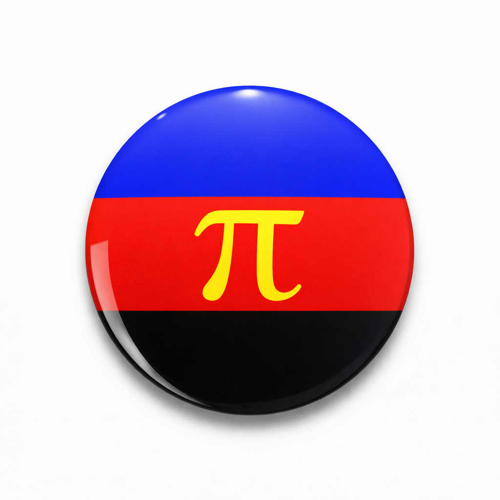 Polyamorie Pride-Button mit Pi-Symbol im Pi-Flag-Farbschema Blau, Rot und Schwarz