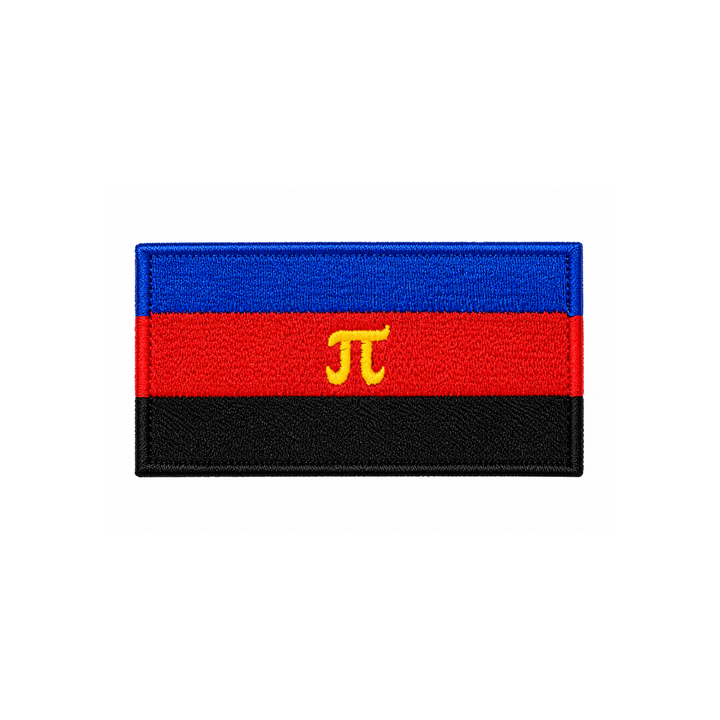 Gestickter Polyamorie Pride Patch mit Klettverschluss, 8 × 5 cm, mit blau-roter-schwarzer Polyamorie-Flagge und gelbem Pi-Symbol auf weissem Hintergrund.