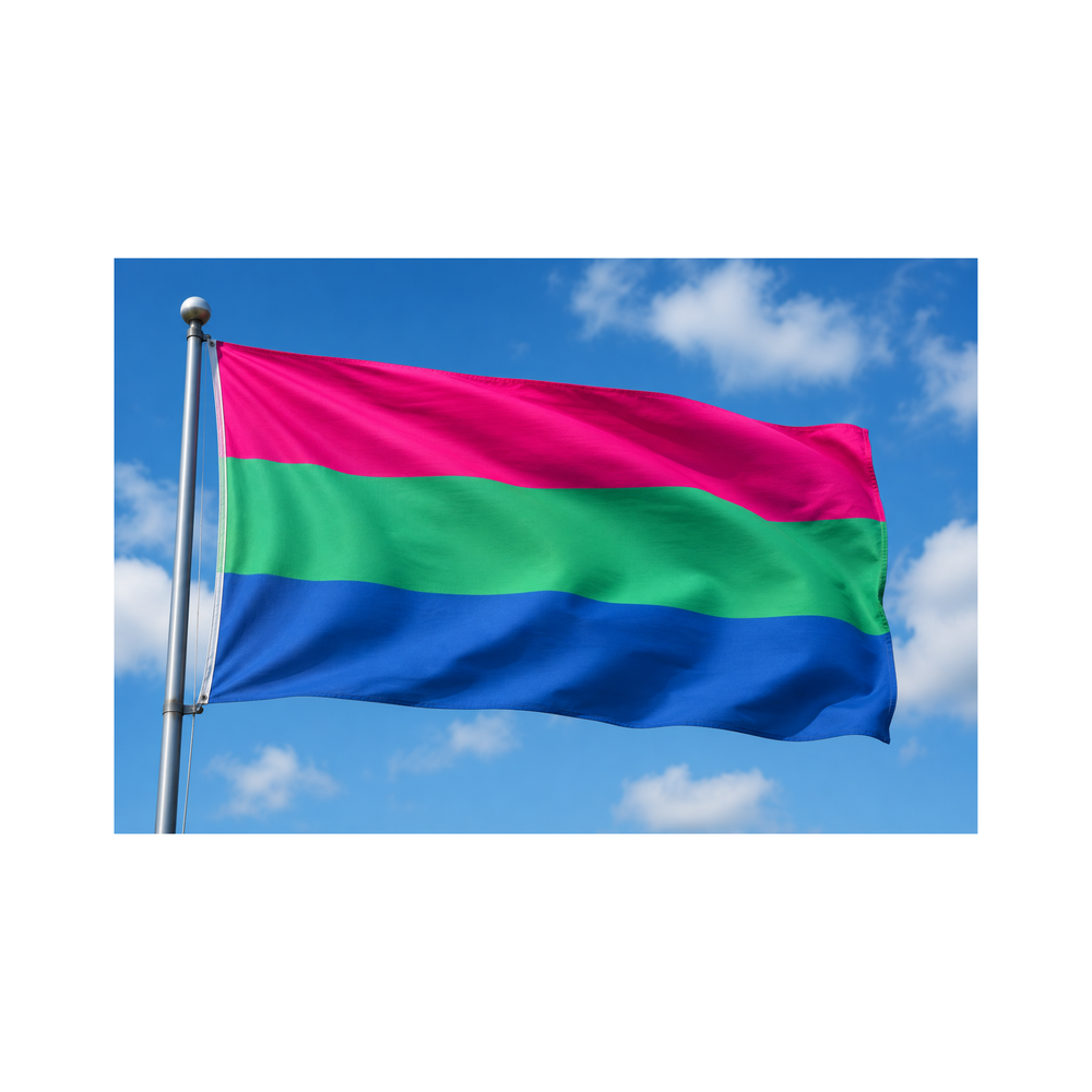 Polysexuelle Pride Fahne 90 × 150 cm weht im Wind – LGBTQIA+ Flagge für Pride, CSD, Festivals und Veranstaltungen.