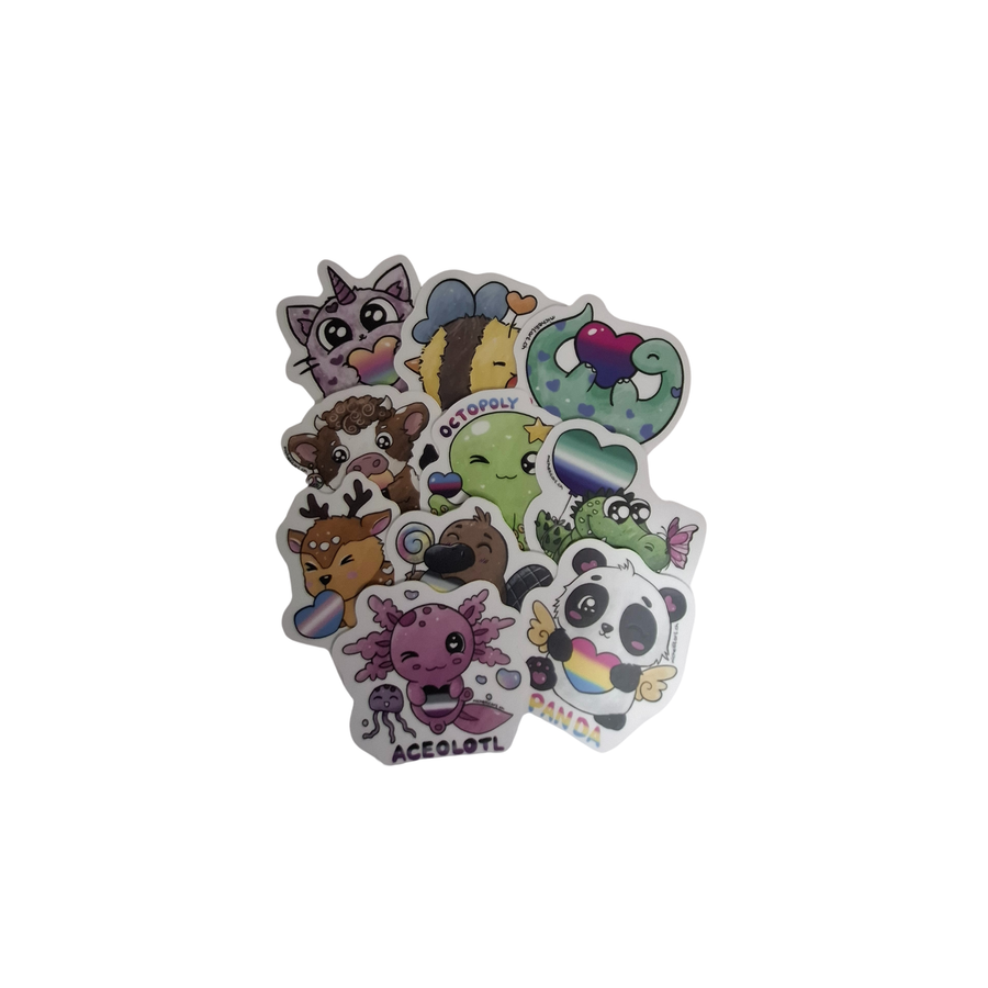 Sticker-Set mit 10 Kawaii-Pride-Tiermotiven, darunter Oktopus, Dino, Biene, Panda und Einhorn-Katze.