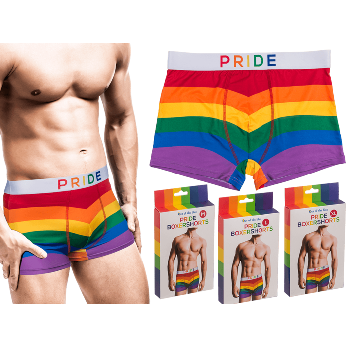 Pride Boxershorts in Regenbogenfarben mit Produktansicht und Verpackungen in den Größen M, L und XL.