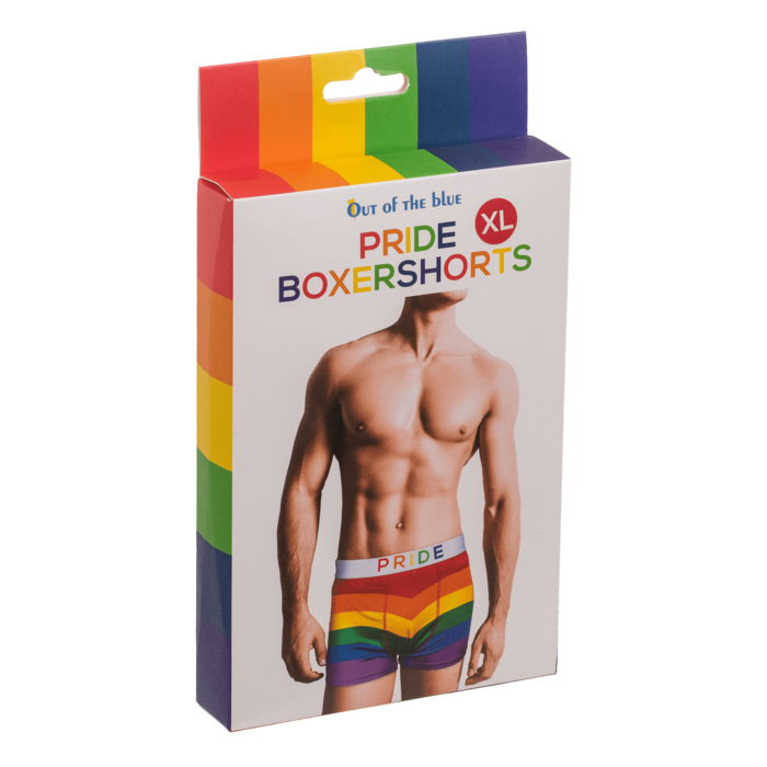 Verpackung der Pride Boxershorts in Größe XL mit Regenbogen-Design und farbigem Bund.