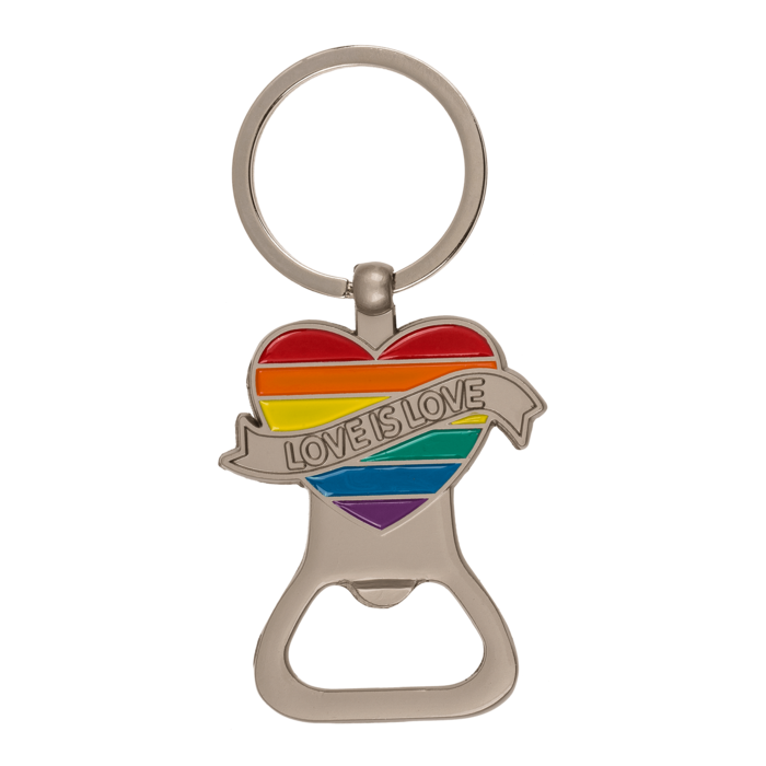 Pride Flaschenöffner aus Metall mit „Love is Love“-Motiv im Regenbogen-Design als Schlüsselanhänger