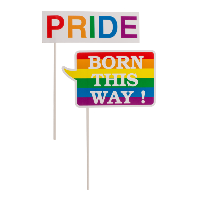 Pride Fotoaccessoire mit Regenbogen-Schild „Born This Way“ und Pride-Schriftzug für LGBTQ+ Partys