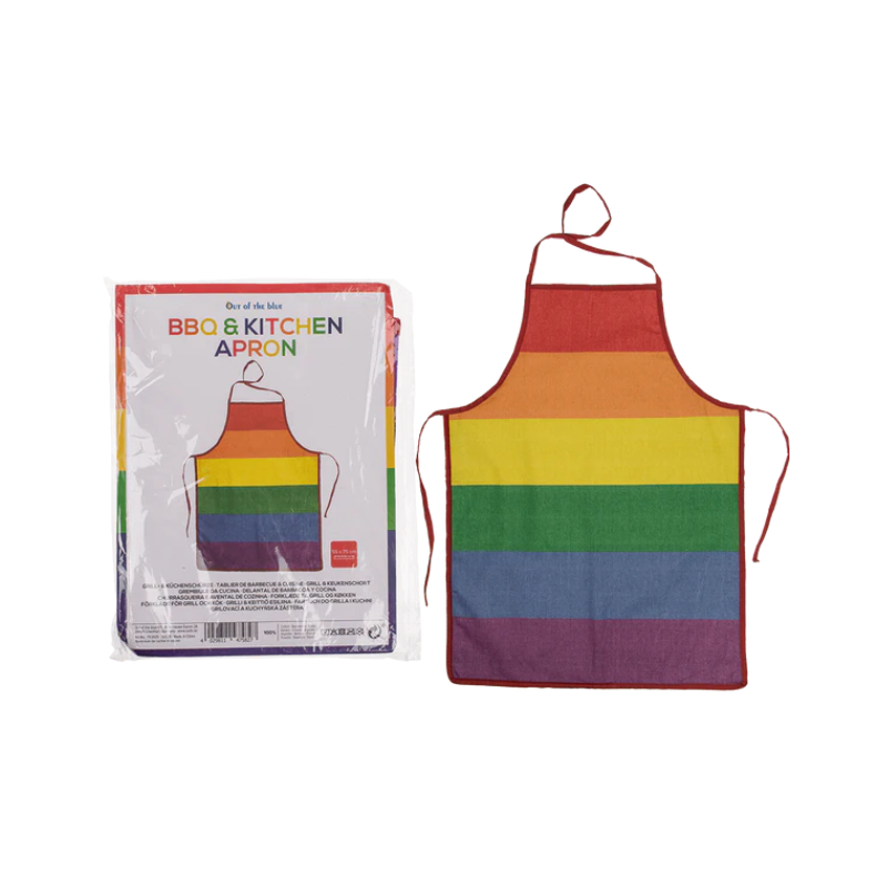 Regenbogenfarbene Grill- und Küchenschürze aus Baumwolle im Pride-Design mit Produktverpackung