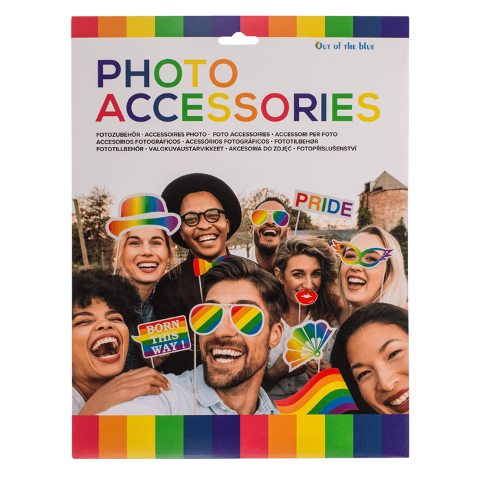 Pride Fotoaccessoires Set mit Regenbogen-Motiven wie Brillen, Hüten, Flagge und Schildern für LGBTQ+ Partys