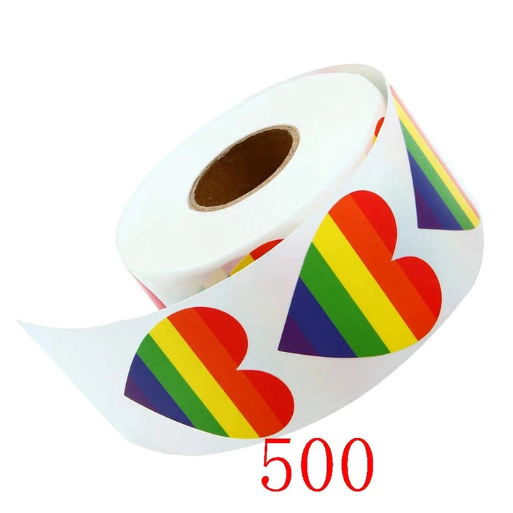 Pride Regenbogen Herz Sticker auf Rolle – herzförmige Aufkleber in Regenbogenfarben, 500 Stück