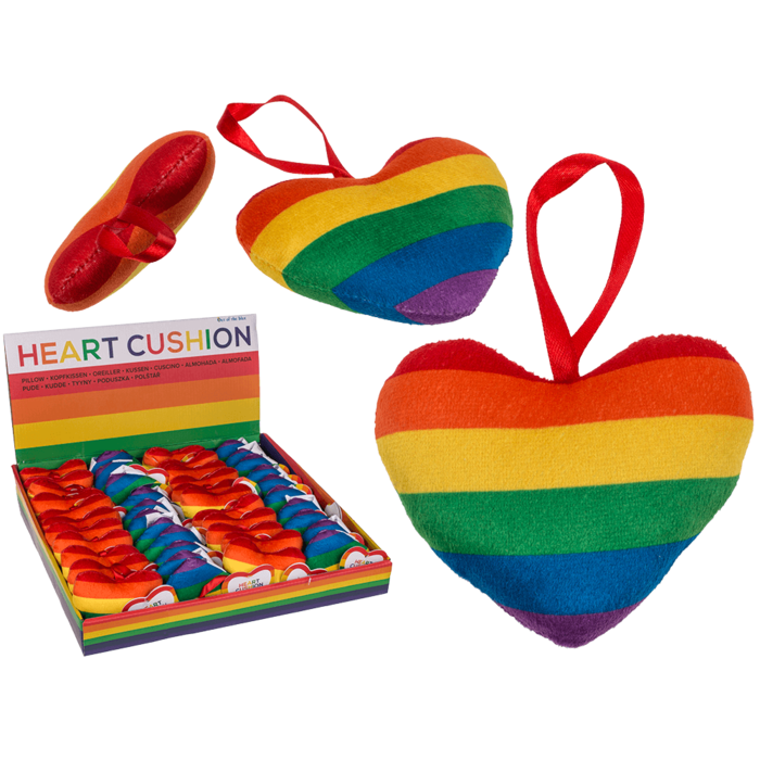 Pride Regenbogen-Plüscherz in Herzform mit bunten Streifen, verschiedene Ansichten und Verpackung des Herz-Kissens