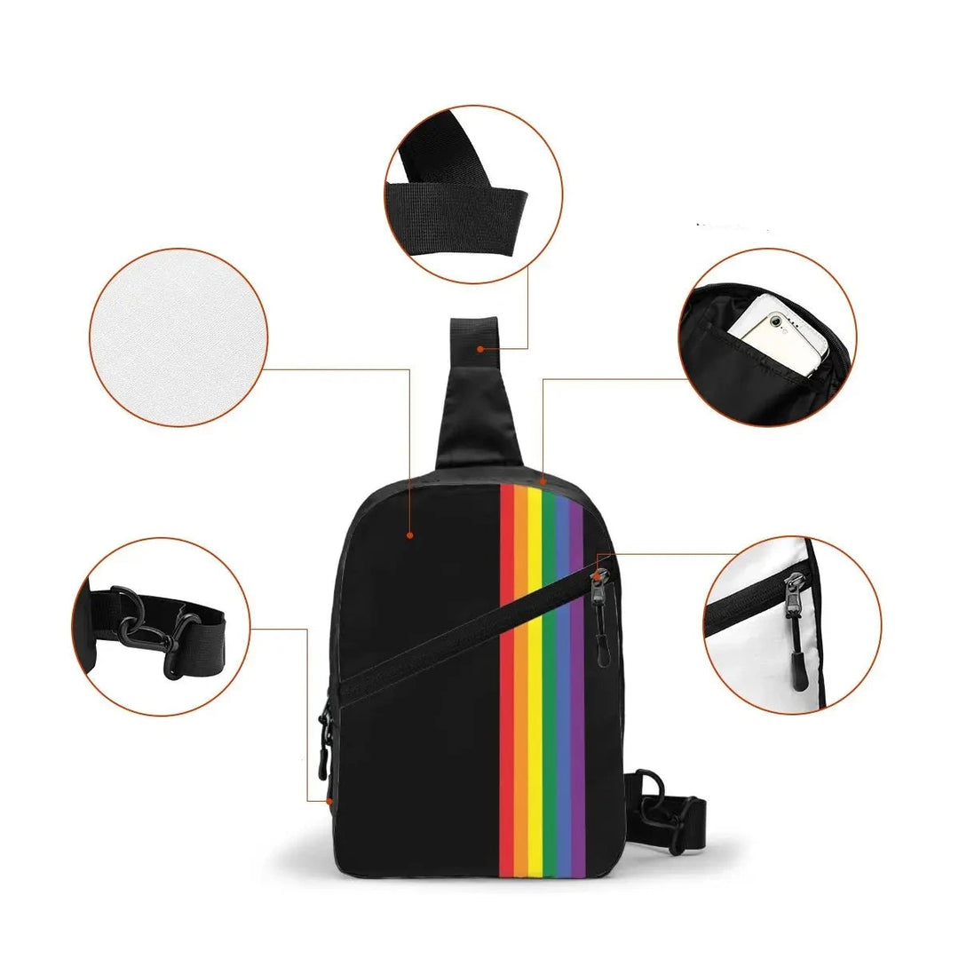 Schwarze Pride Umhängetasche mit vertikalem Regenbogenstreifen, kompakte Crossbody-Tasche aus Polyester mit Reißverschluss