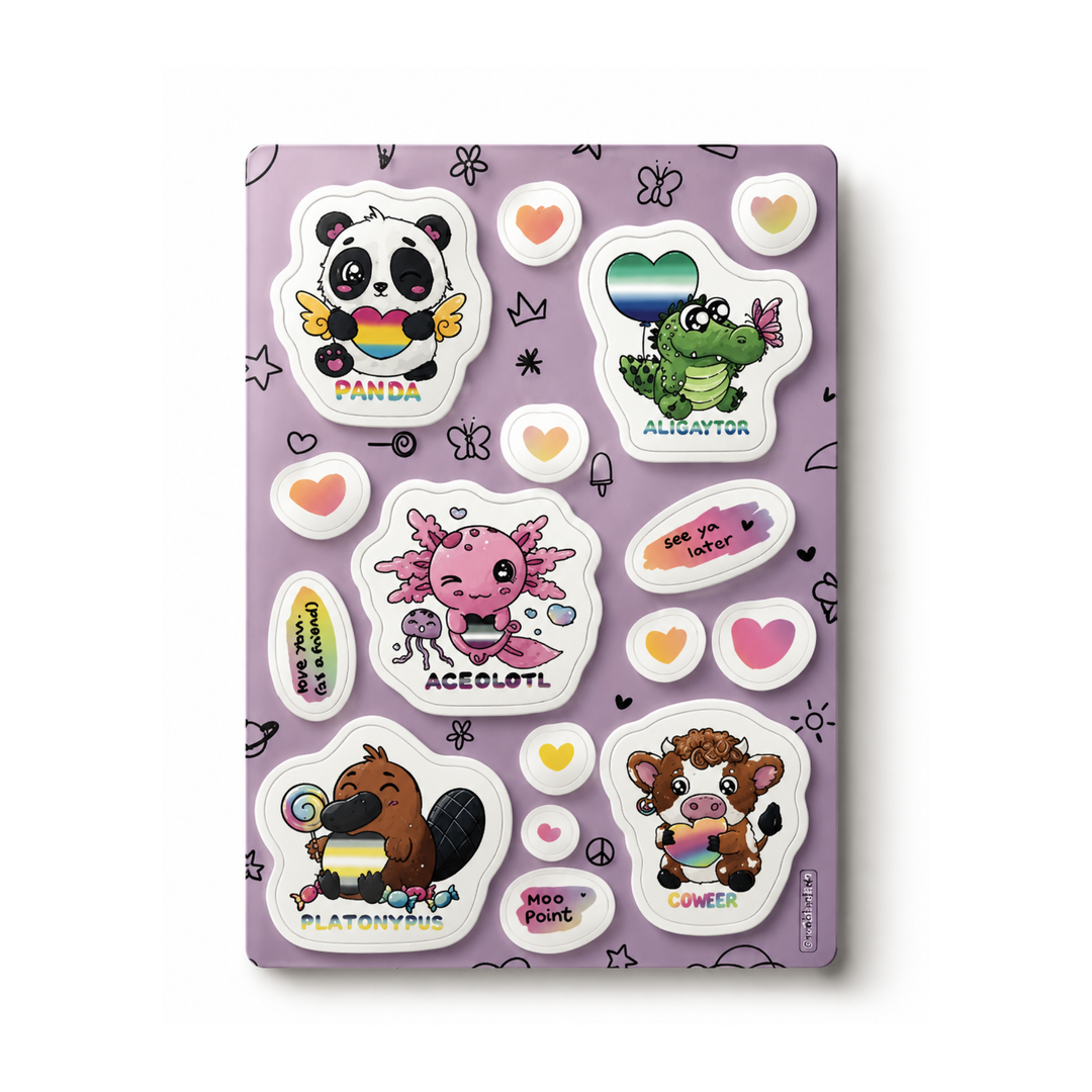 Pride Tier Sticker Sheet von Michellitart mit Pan Da, Aligaytor, Aceolotl, Coweer und Platonypus auf lilafarbenem Hintergrund.