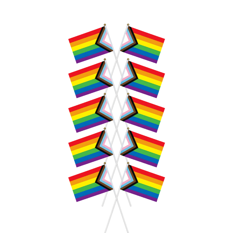 10er Set Progress Pride Handflaggen mit inklusivem Chevron auf weißem Hintergrund