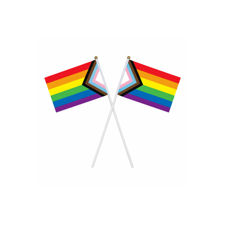 Zwei Progress Pride Handflaggen als Symbol für Vielfalt und Inklusion. Mit Chevron für trans*, inter* und BIPoC Sichtbarkeit. Ideal für Pride & CSDs.