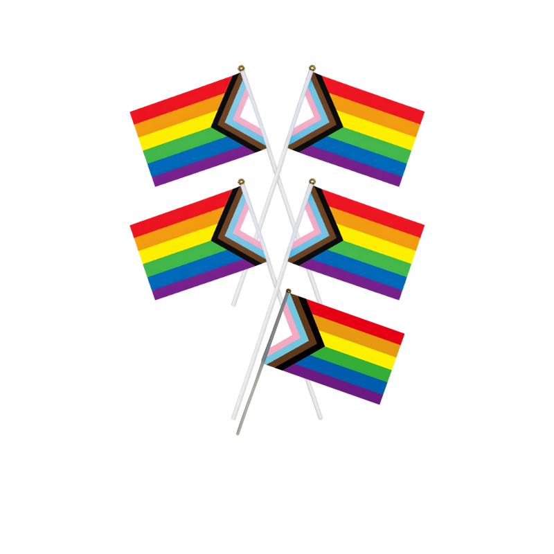 5er Set Progress Pride Handflaggen mit inklusivem Chevron auf weißem Hintergrund