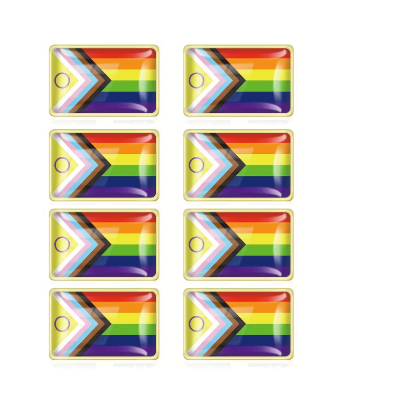 Set aus neun rechteckigen Progress Pride Flag Pins mit goldfarbenem Rand, in 3x3 Anordnung, Stickeroberfläche, ca. 22 x 15 mm