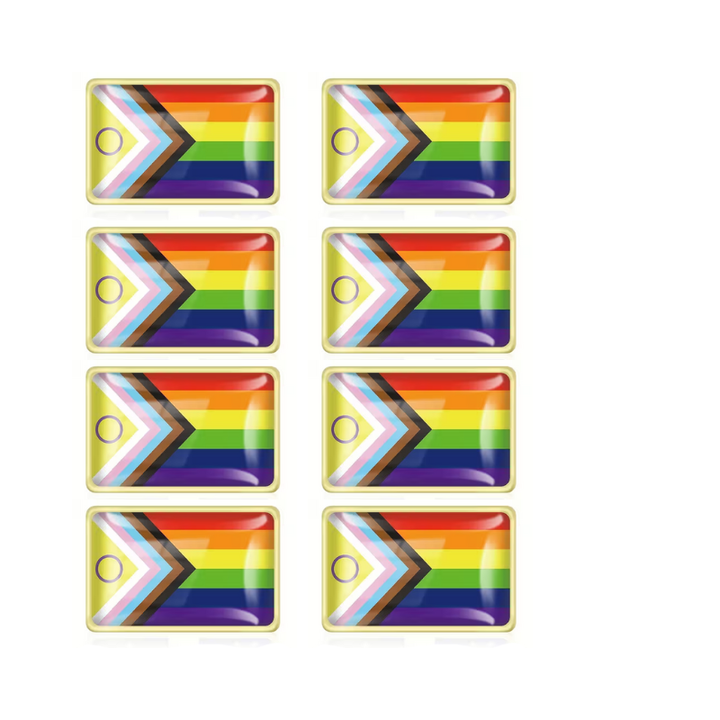 Set aus neun rechteckigen Progress Pride Flag Pins mit goldfarbenem Rand, in 3x3 Anordnung, Stickeroberfläche, ca. 22 x 15 mm