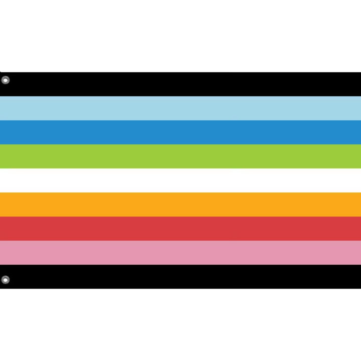 Queer Pride Flagge aus Polyester mit schwarzen, hellblauen, blauen, grünen, weissen, goldgelben, roten und rosafarbenen Streifen im Format 90 × 150 cm – LGBTQIA+ Fahne mit Metallösen für Pride, CSD und Dekoration.