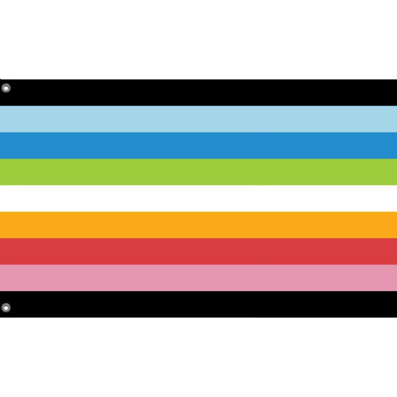 Queer Pride Flagge aus Polyester mit schwarzen, hellblauen, blauen, grünen, weissen, goldgelben, roten und rosafarbenen Streifen im Format 90 × 150 cm – LGBTQIA+ Fahne mit Metallösen für Pride, CSD und Dekoration.