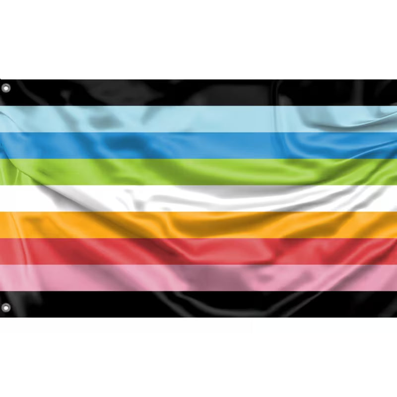 Queer Pride Flagge aus Polyester mit schwarzen, hellblauen, blauen, grünen, weissen, goldgelben, roten und rosafarbenen Streifen im Format 90 × 150 cm – LGBTQIA+ Fahne mit Metallösen für Pride, CSD und Dekoration.