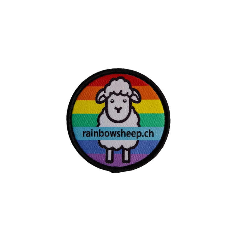 Gestickter Rainbowsheep Logo Patch mit Regenbogenhintergrund und Schafmotiv
