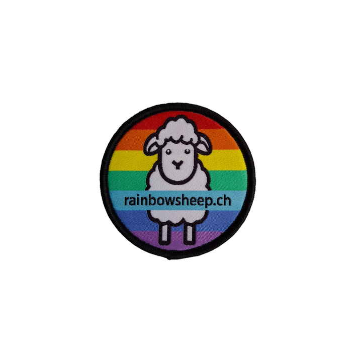 Gestickter Rainbowsheep Logo Patch mit Regenbogenhintergrund und Schafmotiv
