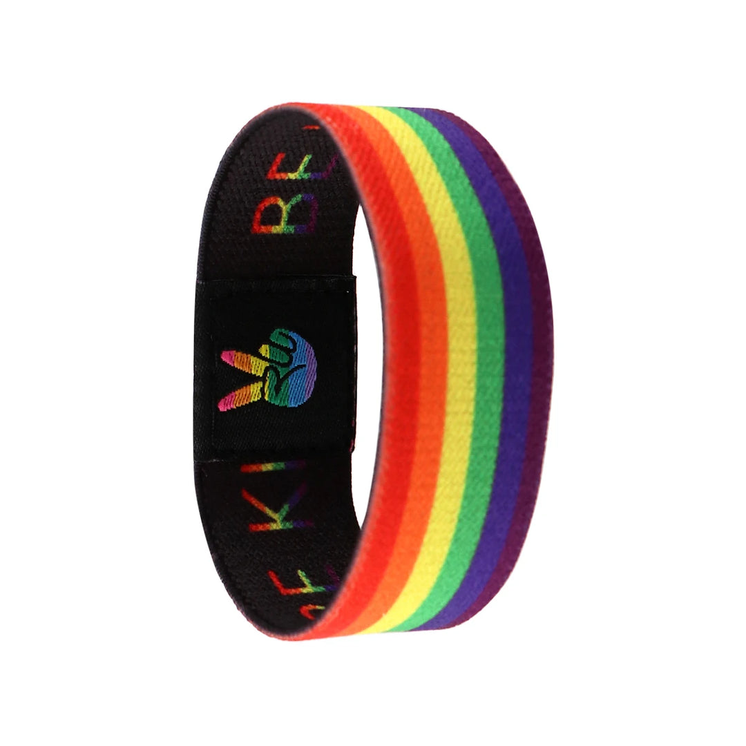 Elastisches Armband aus Polyester in Regenbogenfarben mit Schriftzug und Handsymbol