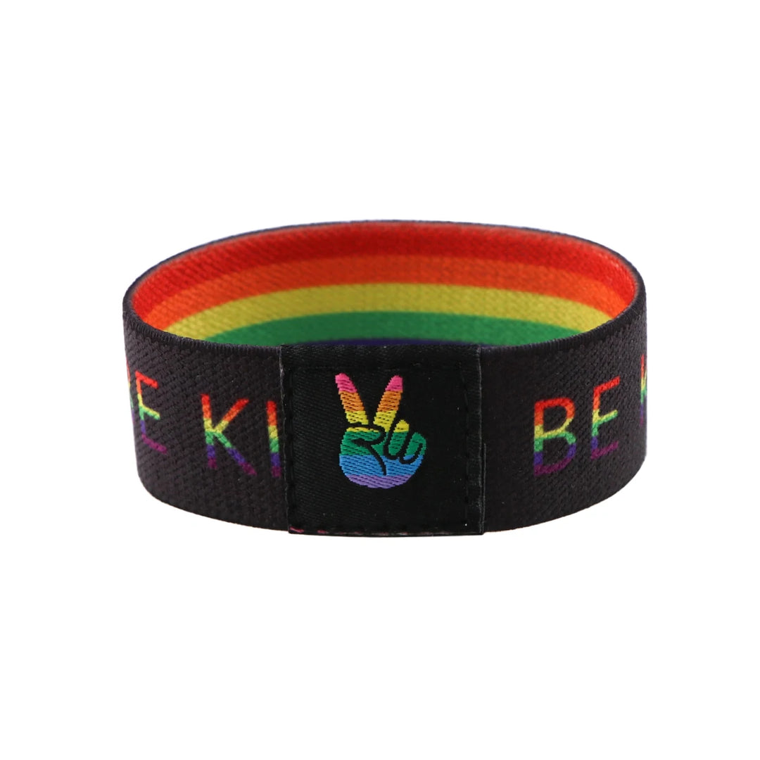 Elastisches Armband aus Polyester in Regenbogenfarben mit Schriftzug und Handsymbol