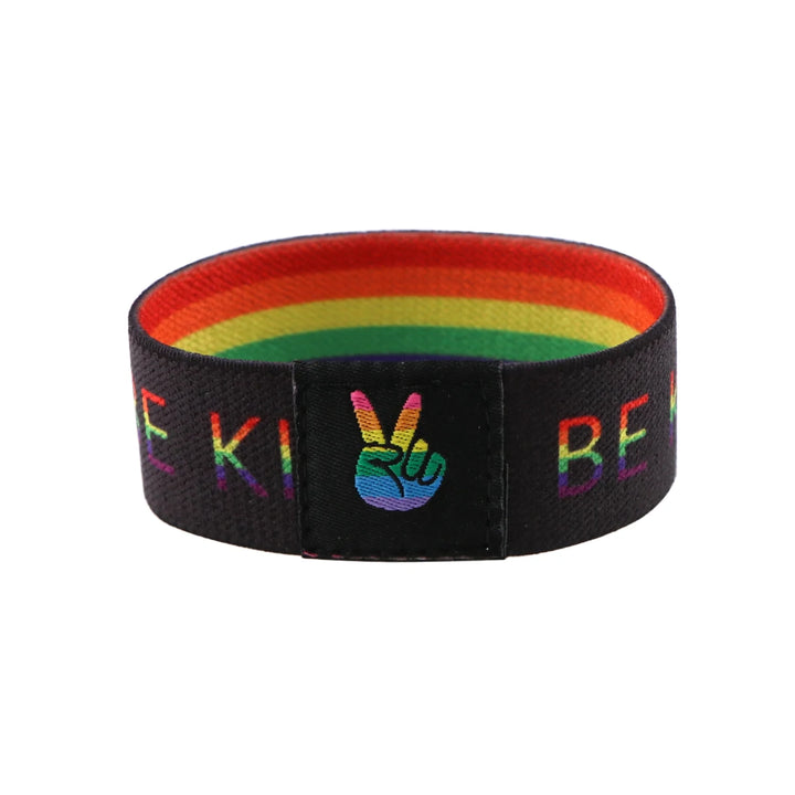 Elastisches Armband aus Polyester in Regenbogenfarben mit Schriftzug und Handsymbol