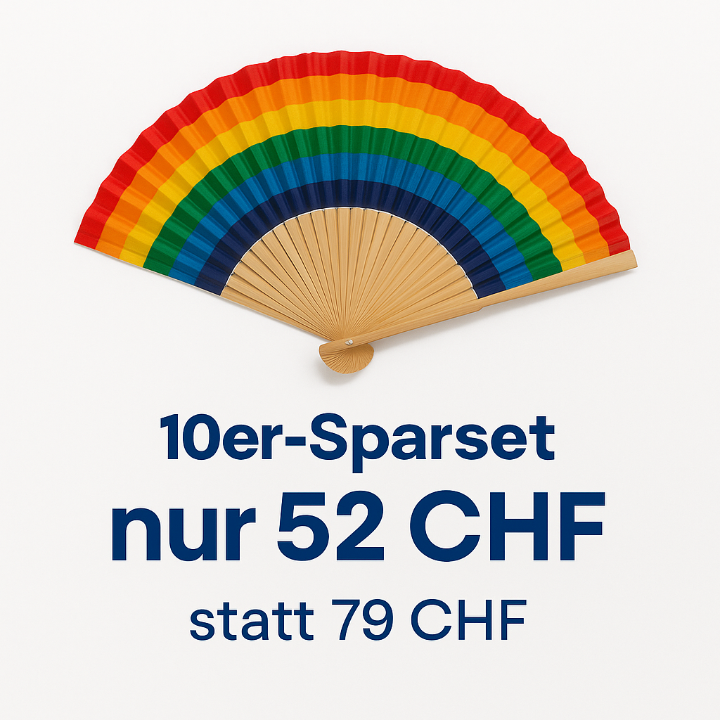 Regenbogen Bambus-Handfächer als 10er-Set, klappbar, ca. 21 cm – nachhaltiger Fächer, nur 52 CHF statt 79 CHF, Beispielbild, Lieferumfang 10 Stück.