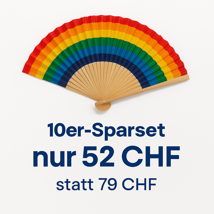 Regenbogen Bambus-Handfächer als 10er-Set, klappbar, ca. 21 cm – nachhaltiger Fächer, nur 52 CHF statt 79 CHF, Beispielbild, Lieferumfang 10 Stück.