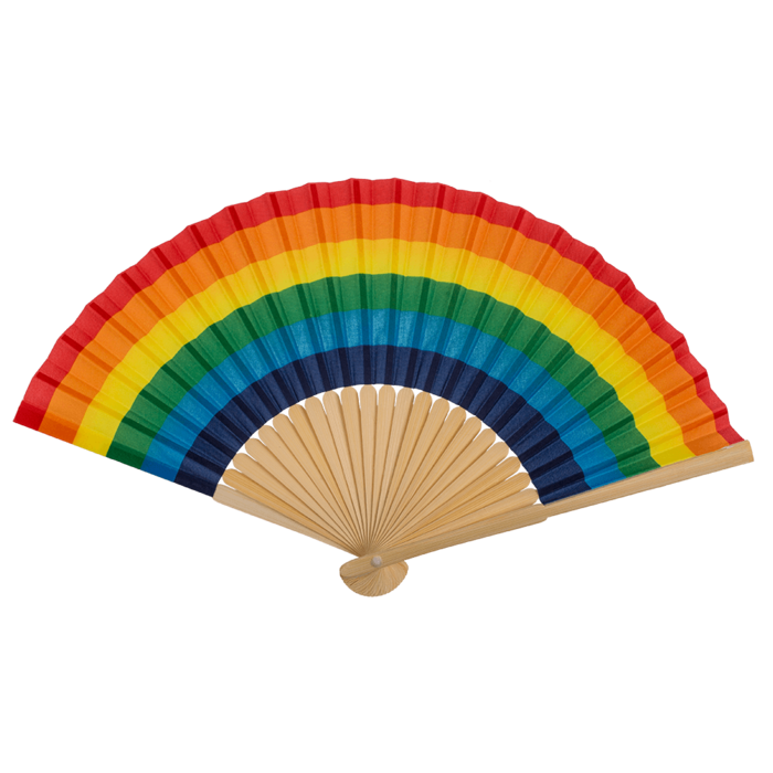 Aufgefalteter Regenbogen Handfächer aus Bambus im Pride Design