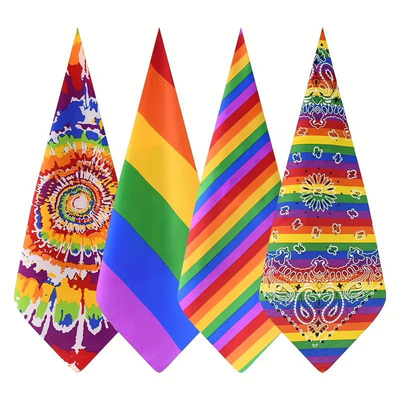 Regenbogen Bandana Set mit vier bunten Tüchern in verschiedenen Mustern, ideal als Kopftuch, Halstuch oder Accessoire.