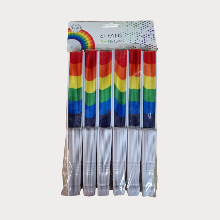 Regenbogen-Faltfächer 6er-Pack aus Kunststoff für Pride, CSD, Festivals und Veranstaltungen – sechs klappbare Handfächer im klassischen Regenbogen-Design.
