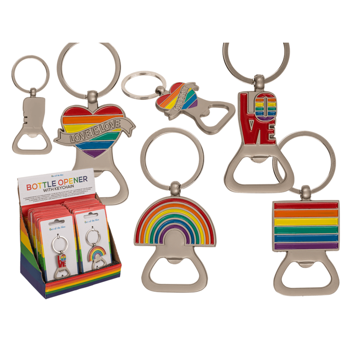 Hochwertiger Metall-Flaschenöffner im Regenbogen-Design als Schlüsselanhänger. Buntes Pride-Accessoire, das Vielfalt und LGBTQ+ Stolz symbolisiert. Robustes und praktisches Party- und Küchenzubehör.