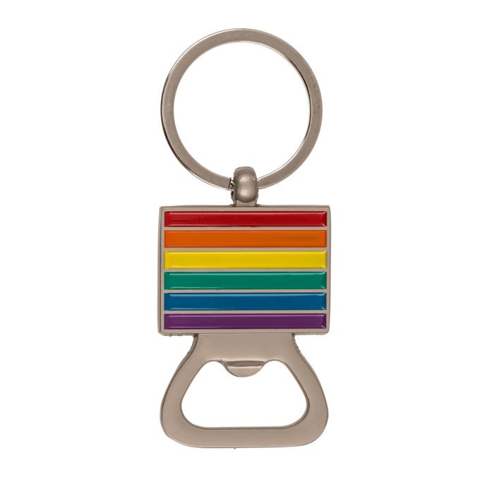 Hochwertiger Metall-Flaschenöffner im Regenbogen-Design als Schlüsselanhänger. Buntes Pride-Accessoire, das Vielfalt und LGBTQ+ Stolz symbolisiert. Robustes und praktisches Party- und Küchenzubehör.
