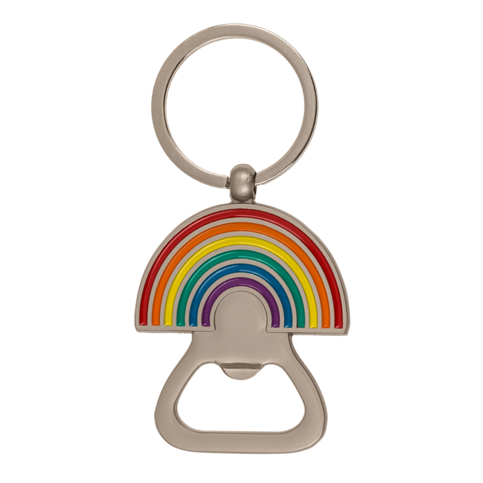 Hochwertiger Metall-Flaschenöffner im Regenbogen-Design als Schlüsselanhänger. Buntes Pride-Accessoire, das Vielfalt und LGBTQ+ Stolz symbolisiert. Robustes und praktisches Party- und Küchenzubehör.