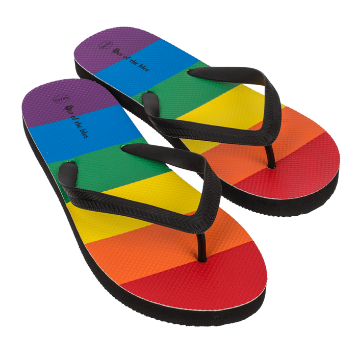 Bunte Regenbogen-Flip-Flops in verschiedenen Größen (36/37 bis 46/47), rutschfest und bequem. Perfekt für Strand, Sommer, Freizeit und Pride-Events.