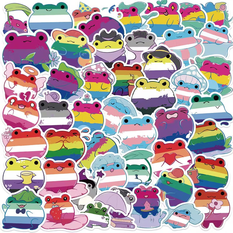 Regenbogen-Froschaufkleber mit Pride-Flaggen in verschiedenen LGBTQIA+ Designs, buntes Sticker-Set.