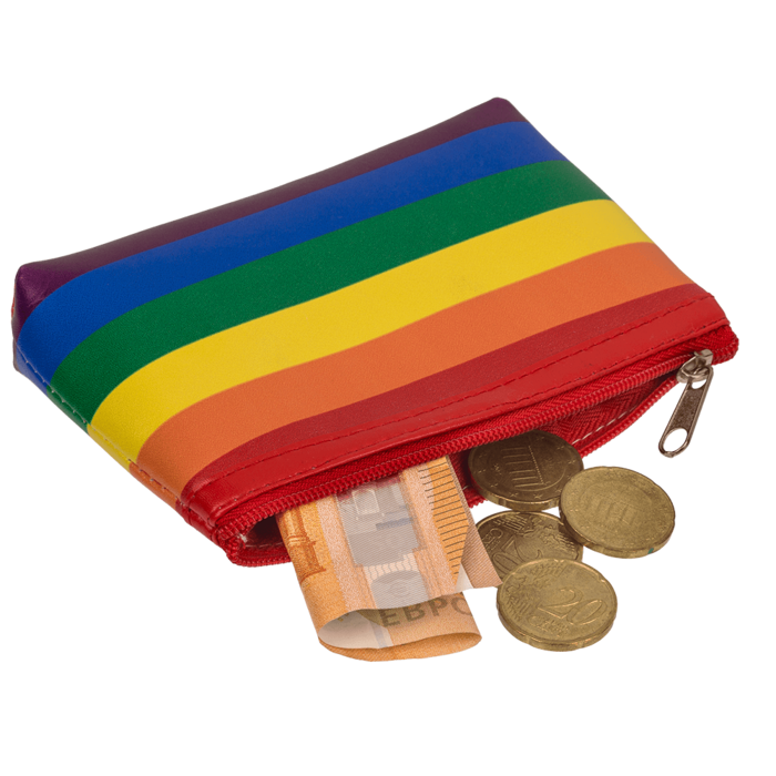 Regenbogen Geldbörse mit Reißverschluss und Münzen sowie Geldscheinen im Inneren