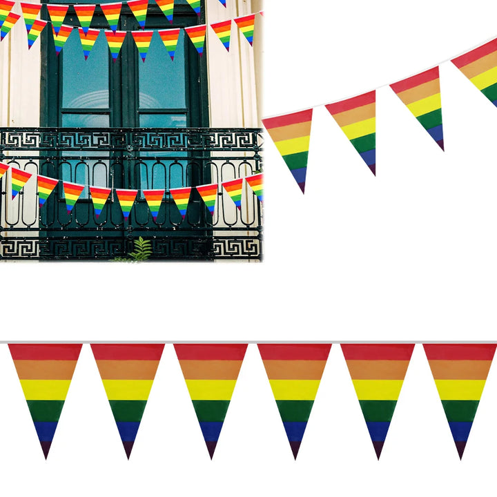 Regenbogen Girlande als Pride Dekoration am Balkon – LGBTQ+ Flaggen Girlande für CSD