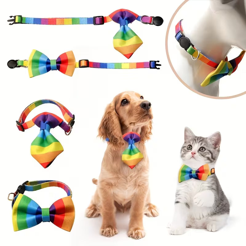 Regenbogen-Krawatte und Fliege für Hunde und Katzen mit verstellbarem Halsband, gezeigt an Hund und Katze im Pride-Design
