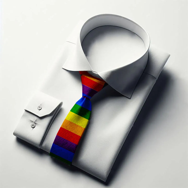 Regenbogen-Krawatte aus Polyester an weißem Hemd, LGBTQ Pride Accessoire für Events und Partys
