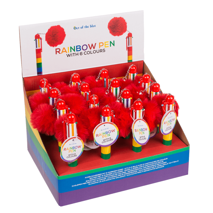 Display mit mehreren Regenbogen-Kugelschreibern mit 6 Farben und roten Pom-Pom-Anhängern in einer bunten Verkaufsschachtel